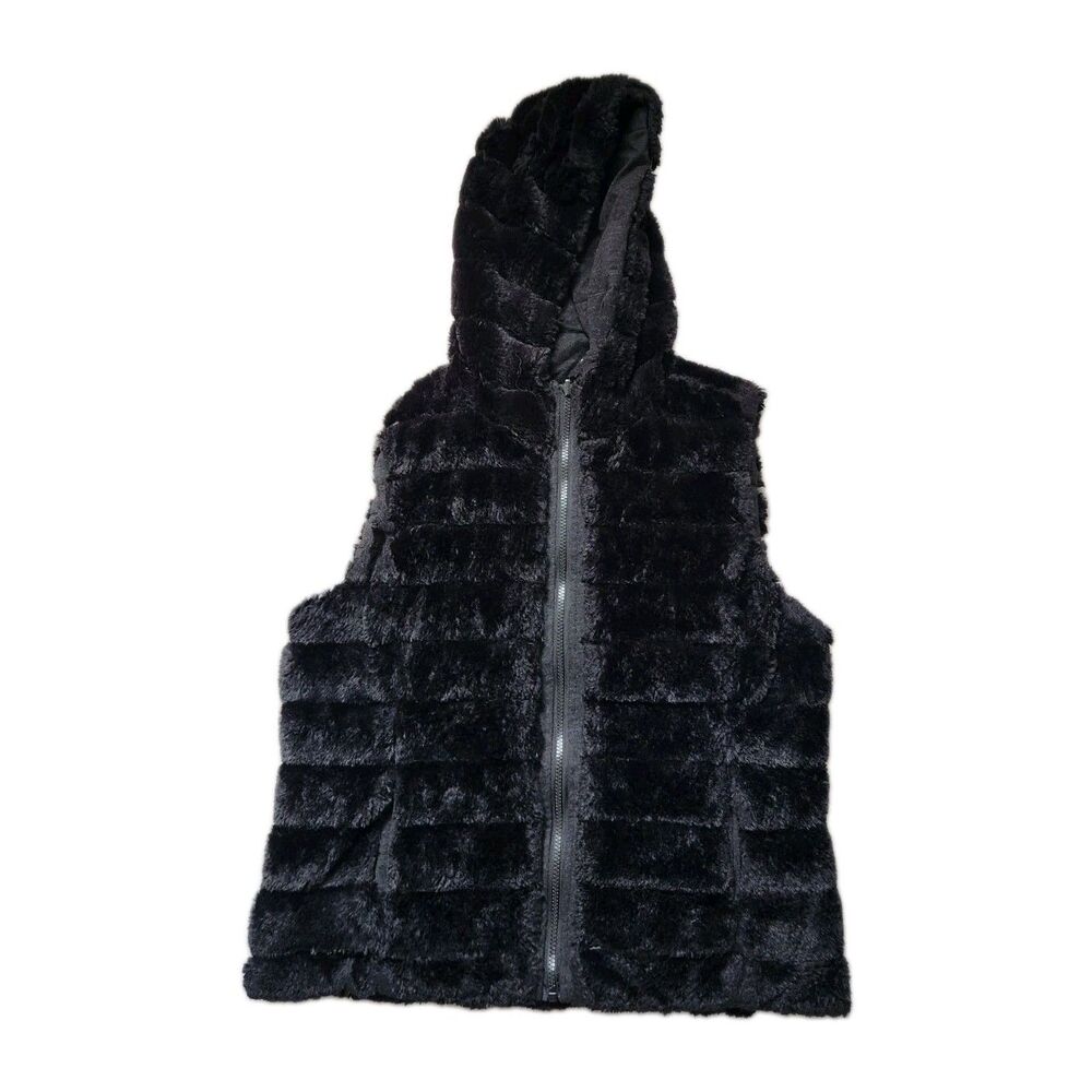 Be Boundless Reversible Faux Fur Knit Hooded Vest Black Full Zip Womens L EUC